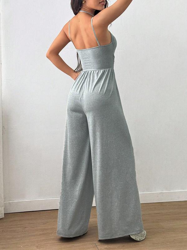 2026 Women's Sleeveless Halter Jumpsuit, Ruched Waist Wide-Leg Palazzo Jumpsuit with Pockets 2026 Women's Sleeveless Halter Jumpsuit, Ruched Waist Wide-Leg Palazzo Jumpsuit with Pockets