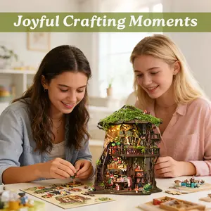 Forest Tea House DIY Miniature Dollhouse Kit, LED Light Tiny Tree House Book Nook Model, 3D Wooden Micro Landscape Diorama Craft, Stress Relief Handmade Hobby Gift for Women Adults Birthday Valentine’s Day