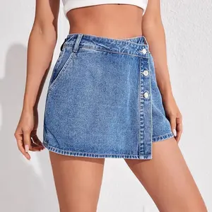 Women’s irregular denim skort with slant button closure | Anti-exposure design, A-line hot-girl short skirt