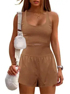 Women's Solid Cut  Out Backless Tank Romper, Casual Comfy Sleeveless Romper for Yoga Gym Workout, Ladies Clothes for All Seasons, Sporty Comfy Jumpsuit