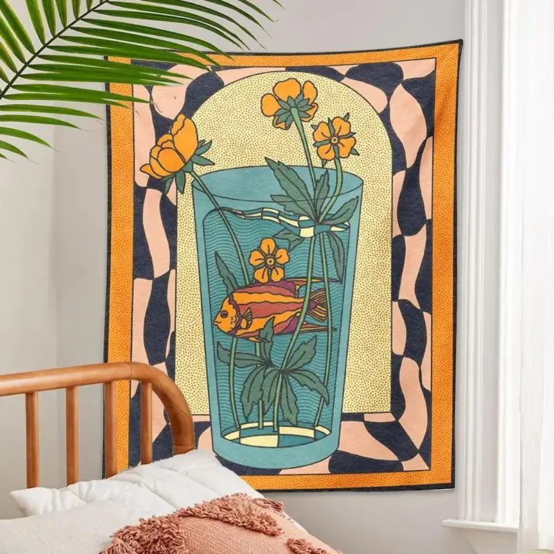 Vintage Flower & Fish Printed Tapestry Decoration, 1 Count Boho Artwork Posters Decorative Hanging Blanket for Home Decor, Wall Decor for Home Living