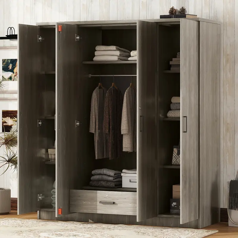 Wood Wardrobe with 4-Door, 1 Drawer and Storage Shelves