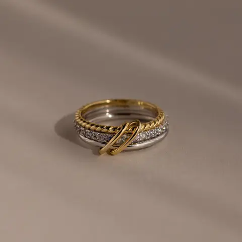Pave Mixed Metal Linked Ring Set by Caitlyn Minimalist - Triple Gold & Silver Interlocking Rings - Diamond Stacking Ring Set - Everyday Jewelry - Unique Christmas Gift for Friend