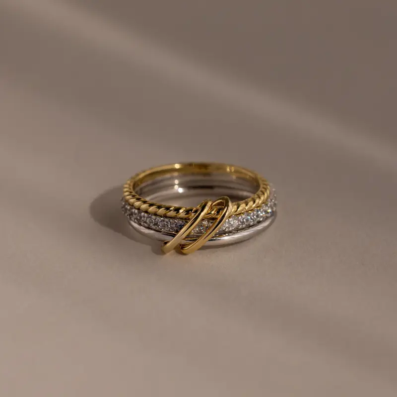 Pave Mixed Metal Linked Ring Set by Caitlyn Minimalist - Triple Gold & Silver Interlocking Rings - Diamond Stacking Ring Set - Everyday Jewelry - Unique Christmas Gift for Friend