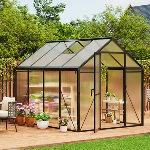 Walk-in Polycarbonate Greenhouse for Outdoors with Roof Vent, Lockable Sliding Door, Ground Spikes and Reinforced Aluminum Frame, Backyard Green House for Garden Patio Lawn, Ideal for Plants Vegetables and Herbs