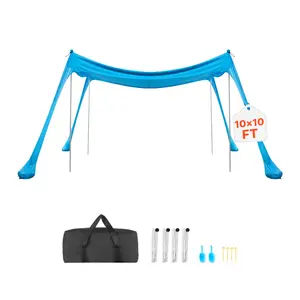 VEVOR Beach Tent Sun Shelter, UPF50+ Sun Protection, 6.6 ft Tall, 10x10 ft, Easy Pop Up Beach Canopy with 4 Sandbags, Stability Poles, Sand Shovels, Portable Shade for Family Outings, Camping, Fishin