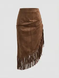 Women's Vintage Western Cowgirl Fall 2026 Faux Suede Brown Skirt, Irregular Fringe Hem Ruched Detail,Casual Daily Chic Elegant Party Outfit and Elegant Night Out Vacation Party Wear