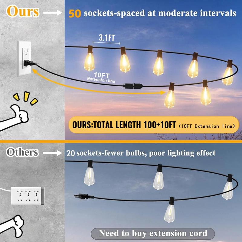 100+10FT LED Outdoor String Lights, Patio Deck Lights with 50+2 Shatterproof ST38 Edison Bulbs, Dimmable Warm White Waterproof Outside Hanging Lights Connectable for Backyard Porch Garden