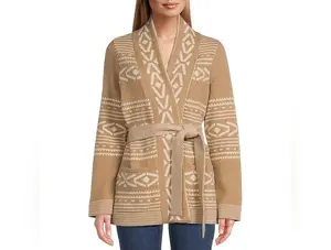Discovery Alpaca Wool Geometric Shawl Collar Long Sleeve Belted Cardigan