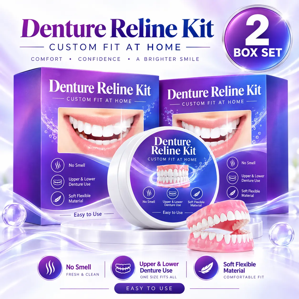 Silicone Denture Reline Kit, Denture Reline Set for Upper & Lower Dentures, At Home Custom Fit Denture Kit, Soft Flexible Denture Material, Easy to Use Denture Care Set, 2 Box Set