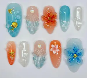 Press On Nails Ocean Bloom with Shell & Flower Art | Beachy 3D Fake Nails in Medium Almond | Handmade Summer Nail Art for Holiday Damontaerichmond