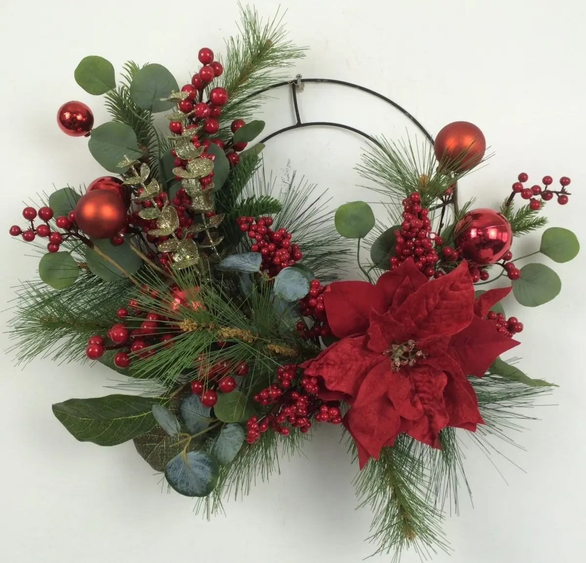 Mr. MJs Trading AI-FL7084 Poinsettia with Red Balls Berries & Greens Half Wreath