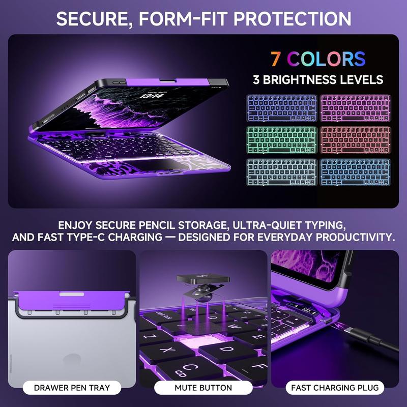 Y2K Dopamine Purple iPad Case With Keyboard- 360° Rotating Multi-Touch Trackpad, RGB Backlit Keyboard, Transparent Back, Pencil Holder, Type-C Charging