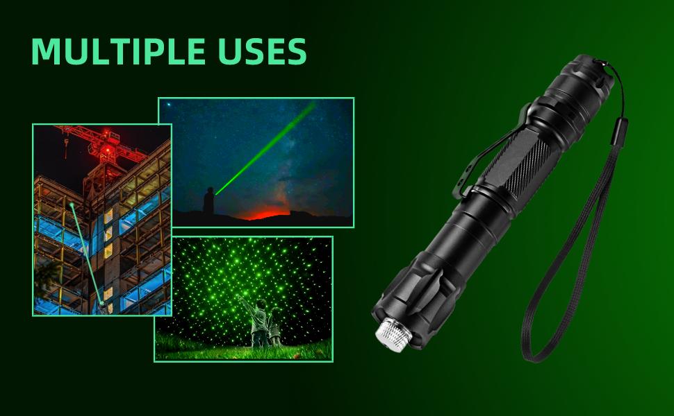 Green Laser Pointer with Kaleidoscope Cap, Rechargeable Handheld Laser Pointer, Adjustable Focus, Pocket Size Aluminum Alloy Design for Outdoor, Hiking & Night Use