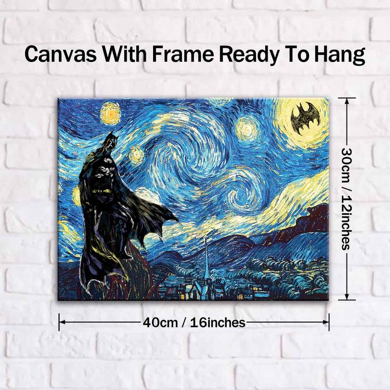 Van Gogh's Starry Sky Pattern Canvas Painting with Frame, Modern Art Bat Character Posters, Wall Art Decor for Home Living Room Bedroom Office, Halloween