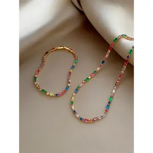 2026 Luxury Design Colorful Zircon Chain Necklace Bracelet - 2026 Year - Exquisite Luxury Design - Colorful Stone Chain Necklace Bracelet - Jewelry Set - Korean-style Fashion Accessories - Beautiful Gift - For Ladies - Girlfriend - Lover