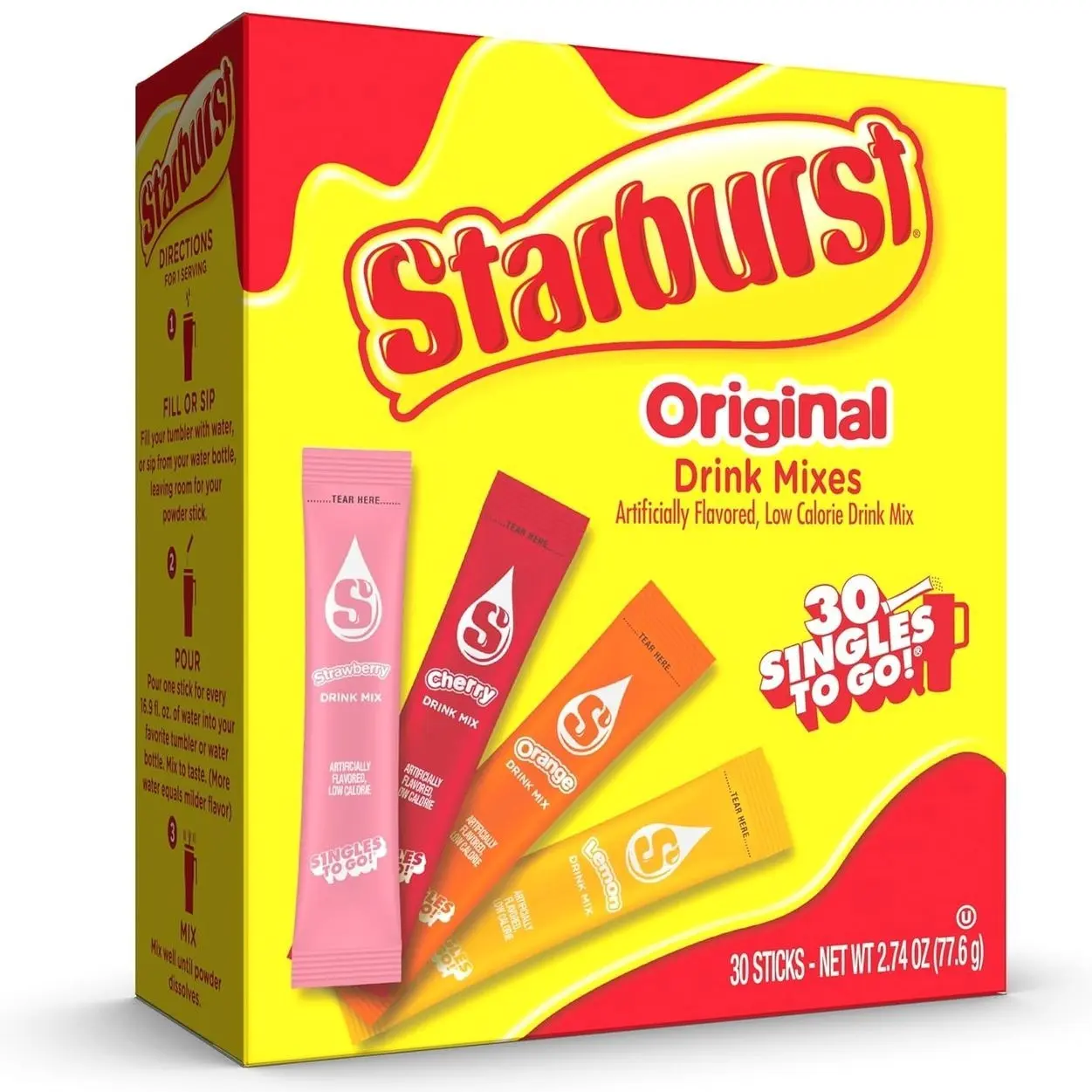 Starburst Singles to Go Variety Pack, Watertok Powdered Drink Mix, Includes 4 Flavors, Strawberry, Cherry, Orange And Lemon 1 Box (30 Servings)