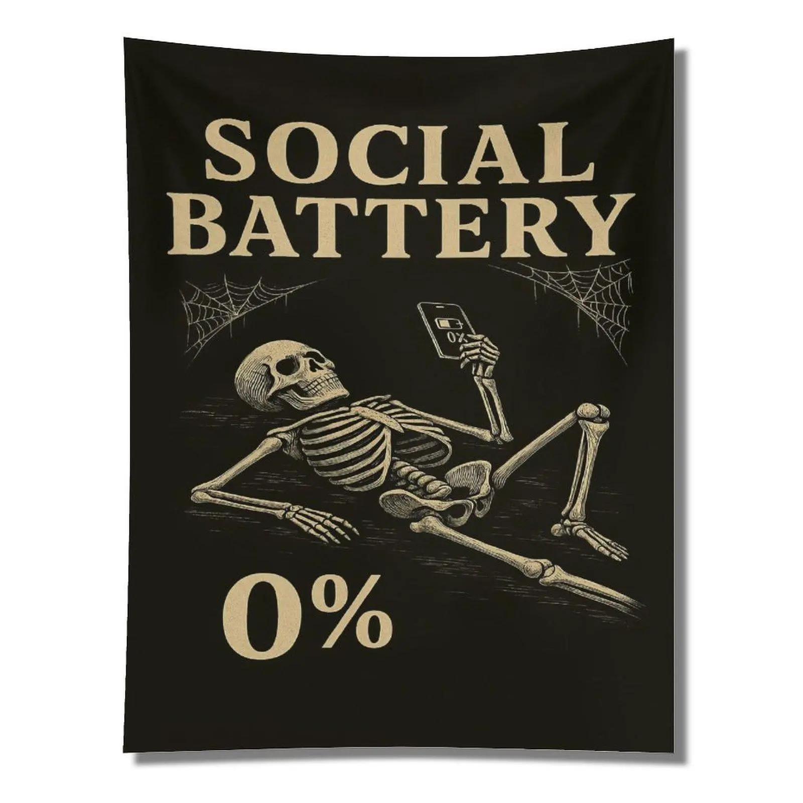 Social Battery 0% Skeleton Spider Web Vintage Black Fabric Tapestry Wall Hanging, Introvert Gothic Whimsical Home Decor Decoration for Bedroom Dorm Backdrop, Wall Decor
