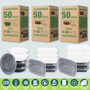 50 Pack Disposable Meal Prep Containers with Lids - 24 oz Round, 28 oz & 32 oz Rectangular - Black & White- Microwave Safe, Leak-Proof, Freezer Safe, BPA-Free Entrees Convenient Recyclable Takeout Snack