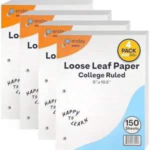 Loose Leaf Paper College Ruled Notebook Paper, 8" x 10.5" Filler Paper White, 3 Hole Punched Binder Paper for 3 Ring Binders, Lined Paper 150 Sheets Per Pack (4 Pack) - By Enday