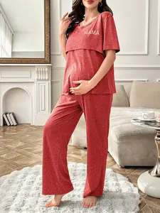 Women's Four Seasons Maternity Pregnant Casual Fit Maternity Elegant Young Home Comfort Nursing Short Sleeve Long Pants Two-Piece Set
