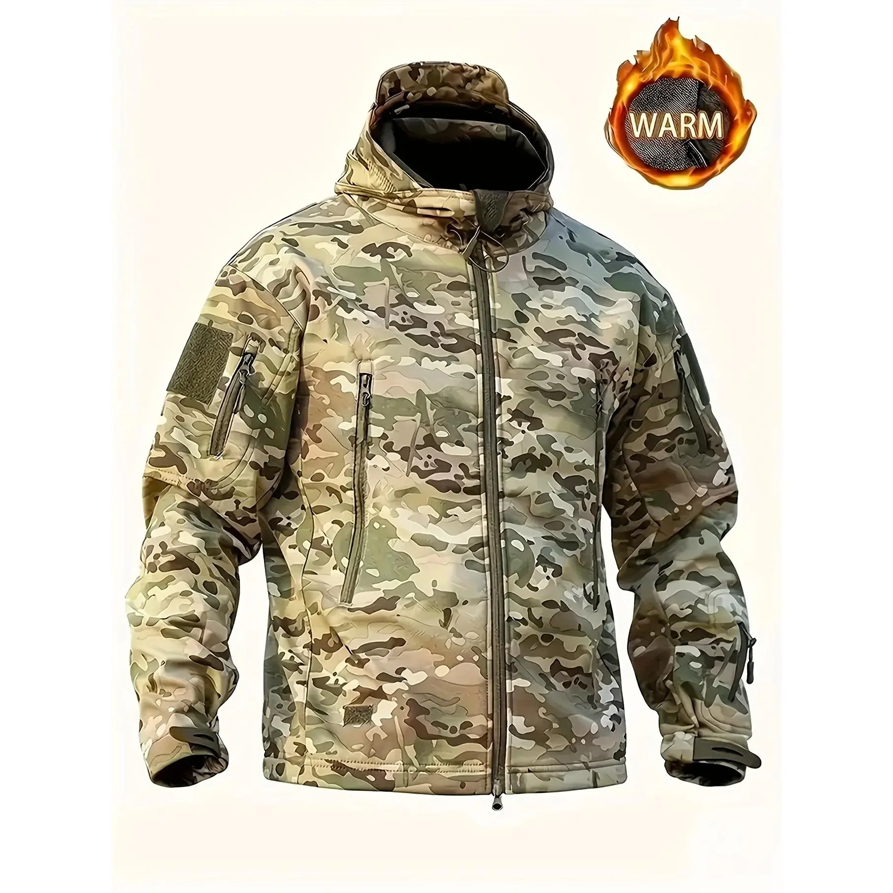Men'S Tactical Soft Shell Jacket Hooded, Outdoor Military Style Jacket, Multi-Zip Pockets, Waterproof And Windproof, Suitable for Hiking Training And Casual Wear
