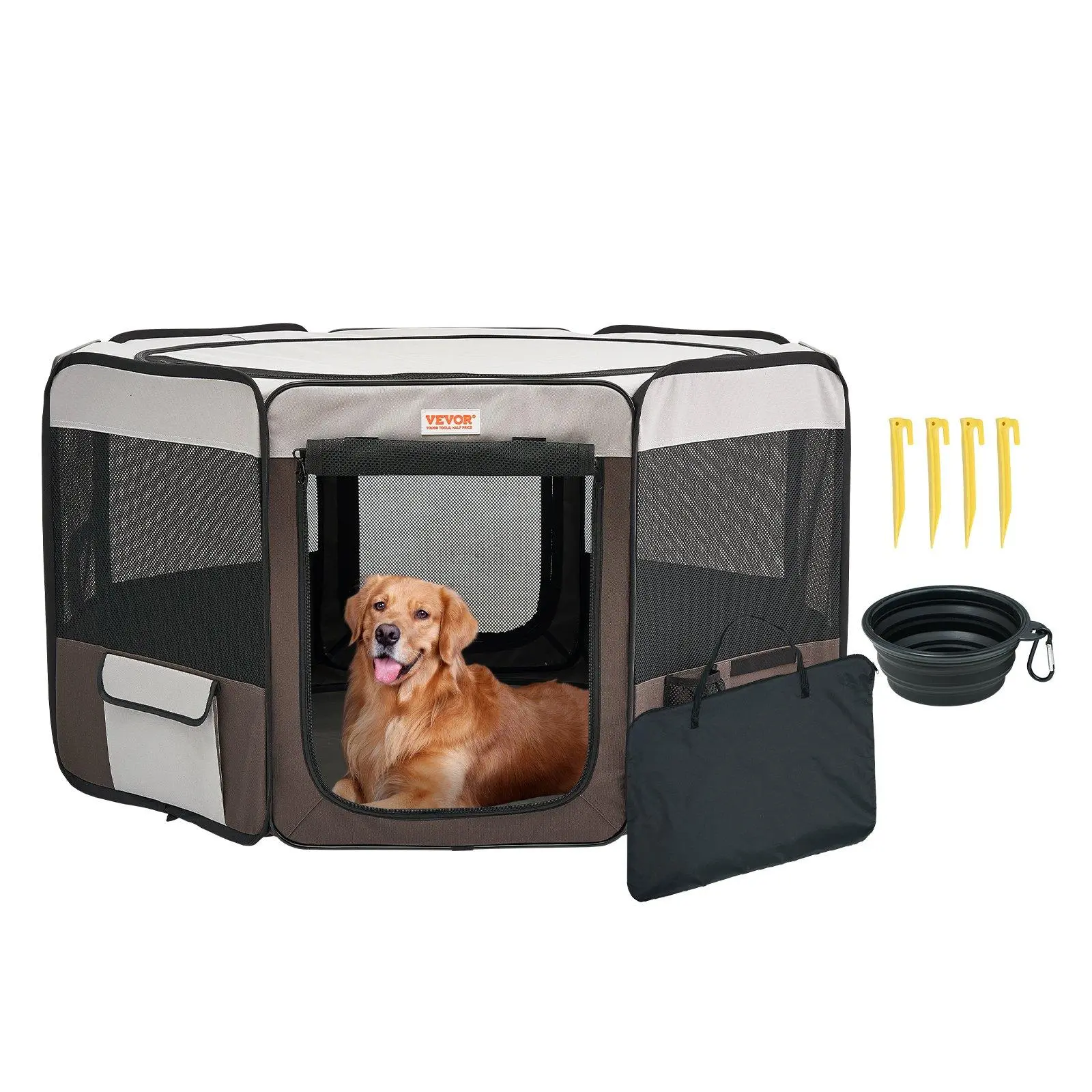 VEVOR 46in Portable Foldable Pet Playpen, Nylon & Mesh Dog Crate Kennel with 360° Breathability-Ventilation, Durable Waterproof 600D Oxford Cloth, Removable Zipper, Convenient Storage for Puppies, Travel-Camping Use, Outdoor