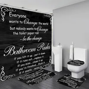 1/4pcs Black Spell Pattern Shower Curtain Set, Bathroom Decoration Accessories, includes non-slip mat, U-shaped rug, and toilet seat cover. Perfect for bathroom decoration, partitioning, and beautifying the space. Comes with 12 shower curtain hooks.