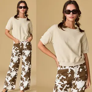 Harper French Terry Top | Women's Cropped Short Sleeve Comfort Shirt | Casual Athleisurewear | Neutral Style