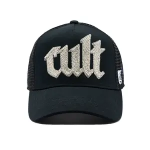 Cult's Crystal Cult Script Logo Hat in Black Breathable Mesh