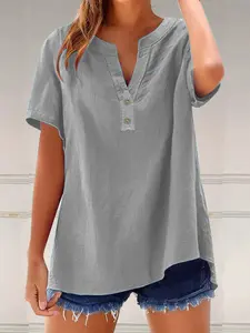 Summer New V Neck Short Sleeve Solid Shirt, Loose Fit Casual Women's Fashion Cotton Linen Top, Versatile Stylish Blouse for Daily Wear