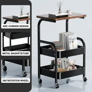 3 Tier Metal Rolling Utility Cart with Tabletop, Stable and Sturdy Rolling Storage Carts with 360 Rotation Wheel, For Small Spaces Kitchen Storage，Office Bookshelves, Bedroom, Black