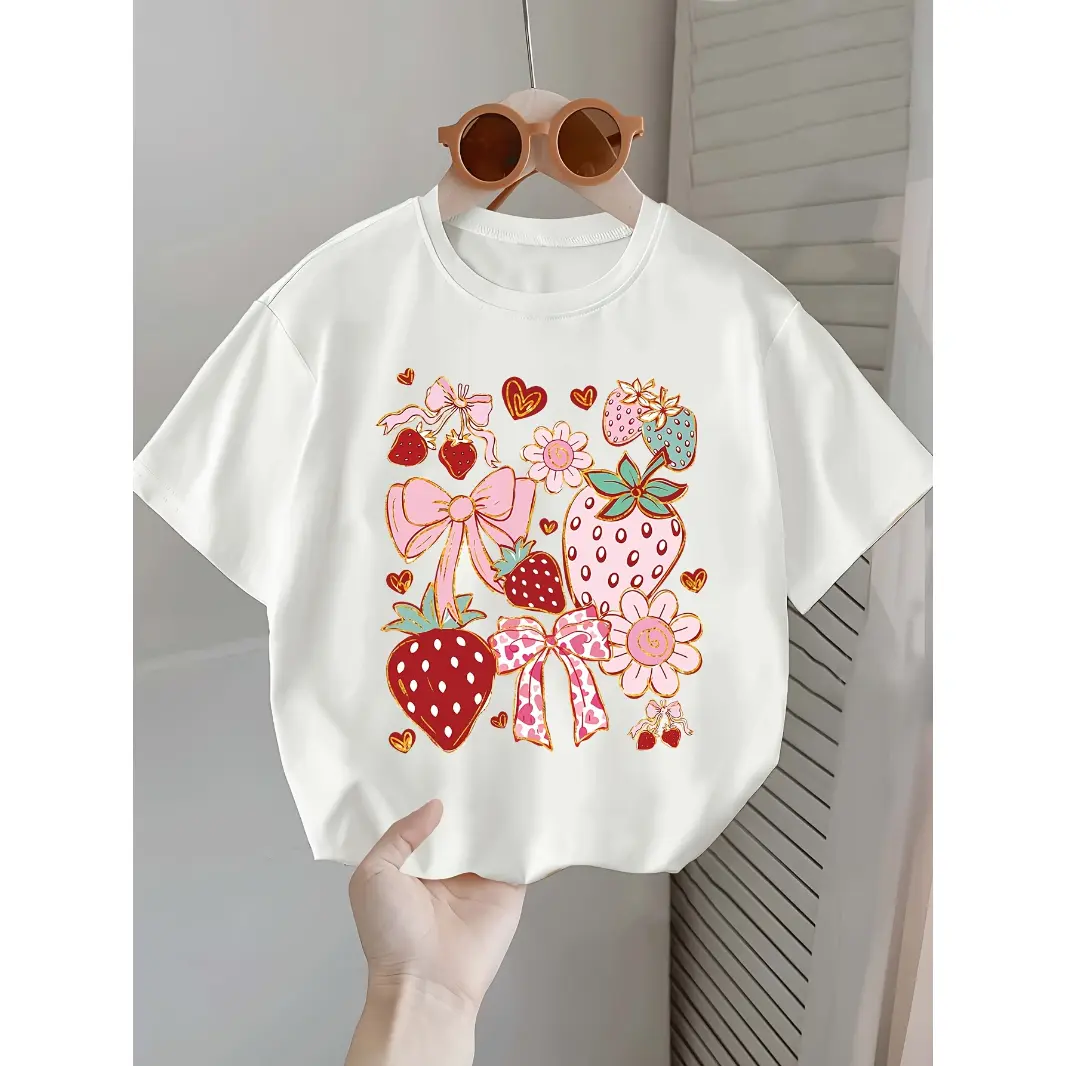 Women's Fitted Cotton Short-Sleeve Crewneck T-Shirt - Vintage Sweet Strawberry Graphic, Bow And Flower Print, Casual Summer Top For Everyday Wear, Shortsleeve, Streetwear