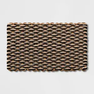 1'6"x2'6" Rope Braided Basket Weave Doormat Black/Brown/Cream - Threshold™: Outdoor Front Door Mat, High Pile