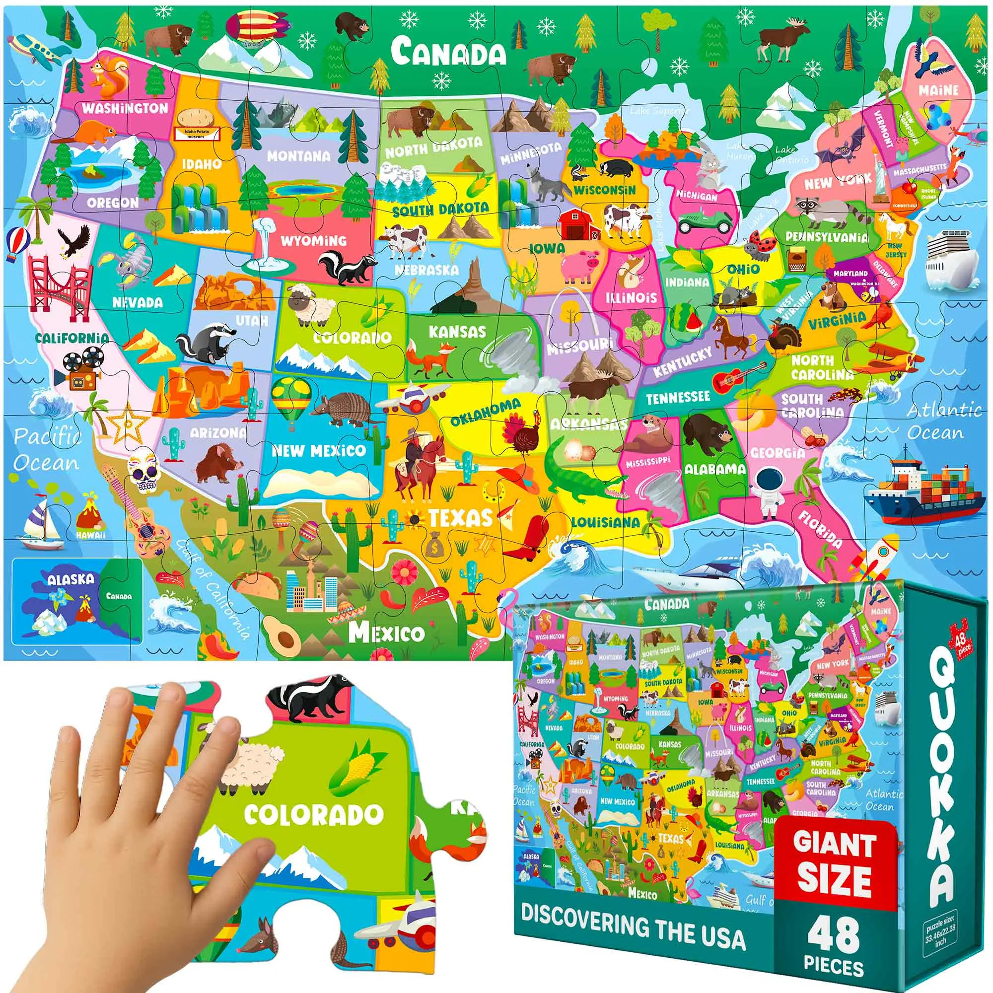 QUOKKA 48 Pieces Giant Floor Jigsaw Puzzle for Kids Ages 4-6 - USA Map Educational Activity for Boys, Girls, Pieces Jigsaw Puzzles