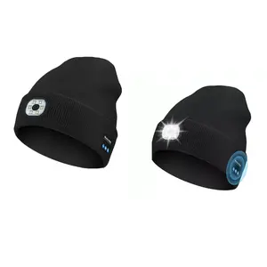 Bluetooth Beanie Hat with LED Light Wireless Musical Knitted Cap USB Rechargeable 6 LED Headlamp Super Soft Acrylic Blend for Running Hiking Jogging Christmas Gifts for Men Women Black
