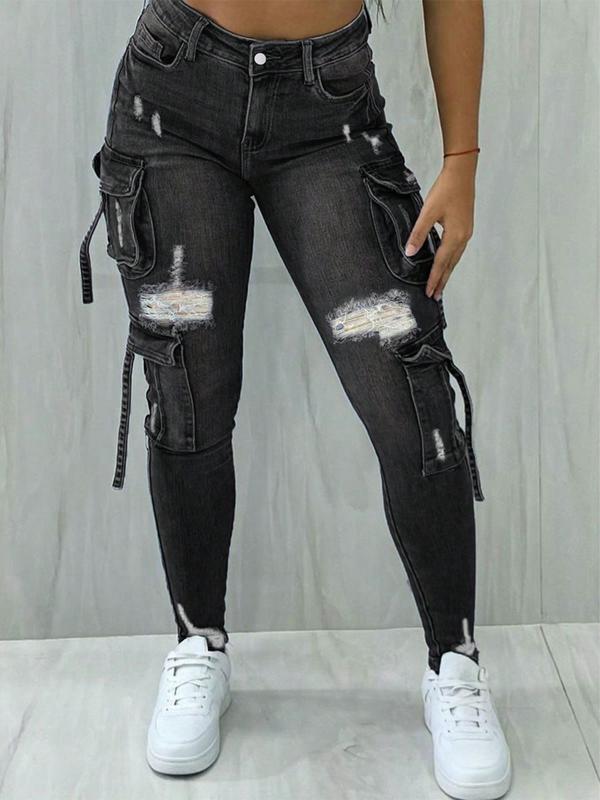 Y2K women's street style multi-pocket cropped work Stretchy Jeans with flap pockets for autumn and winter, perfect for Christmas fashion