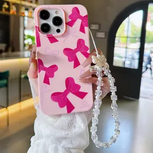 Bowknot Pattern Phone Case with Beaded Lanyard, Anti-drop Cellphone Protective Case, Shockproof Mobile Phone Cover for iPhone 11 12 13 14 15 16 Pro Max, Phone Protector
