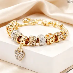 Gold Plated Charm Bracelet, Sparkly Rhinestone Beaded Bracelet with Heart Pendant, Adjustable Snake Chain Bangle, DIY European Bead Jewelry for Women