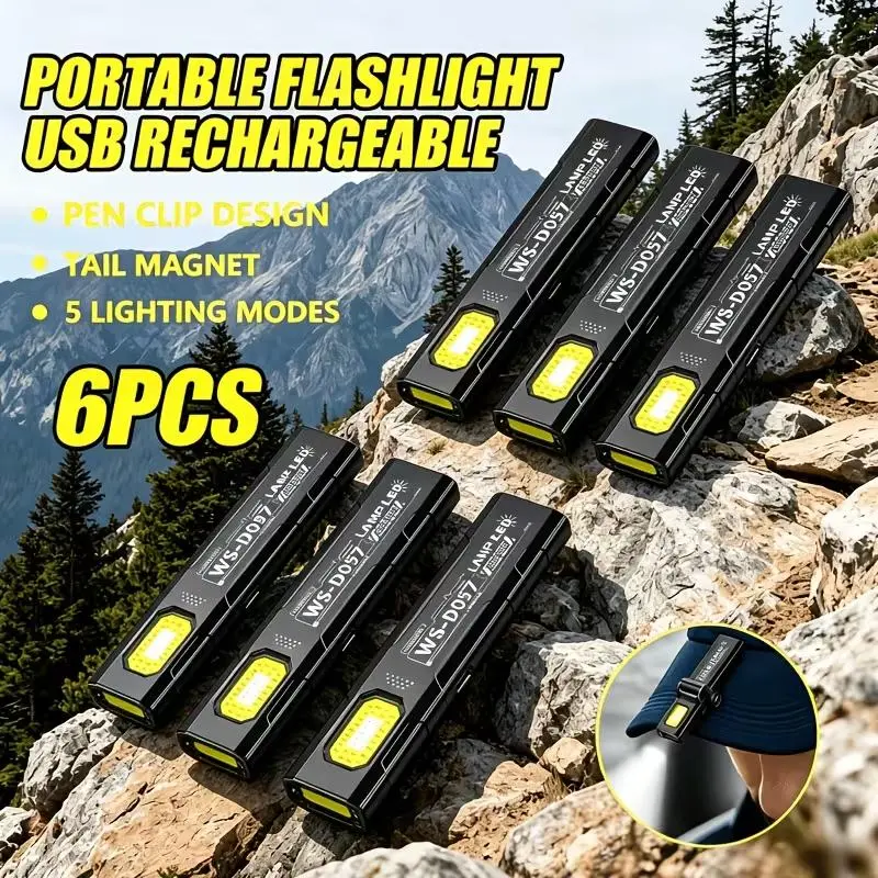 6PCS Unisex Mini Rechargeable Handheld Flashlight - Keychain Light with LED Clip, Hat Clip, Power Display, Magnetic Base