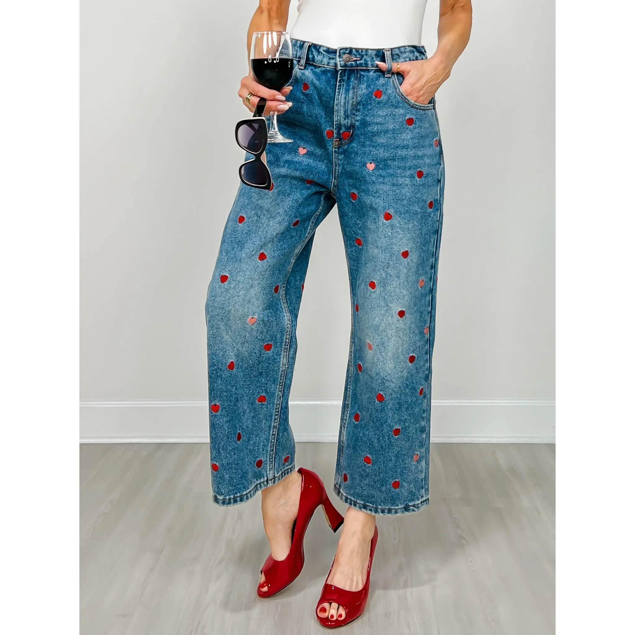 Washed Heart Embroidered Boyfriend Jeans, Bottoms, Casual
