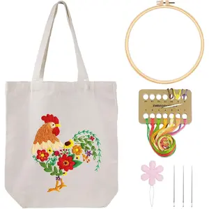 Embroidery Kit Canvas Tote Bag for Beginners, Cross Stitch Kits for Adults, DIY Needlepoint with Rooster and Flower Pattern, Reusable Grocery Shopping Bags for Women