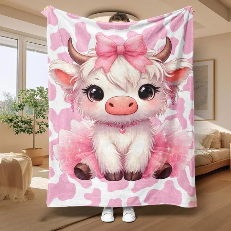 Bow Cow Pattern Blanket, Soft Throw Blanket, Air-conditioned Room Blanket, Warm Nap Blanket for Home Office Travel CampingChristmas Gift,Gift for kids,Birthday Gift, Cozy & Soft
