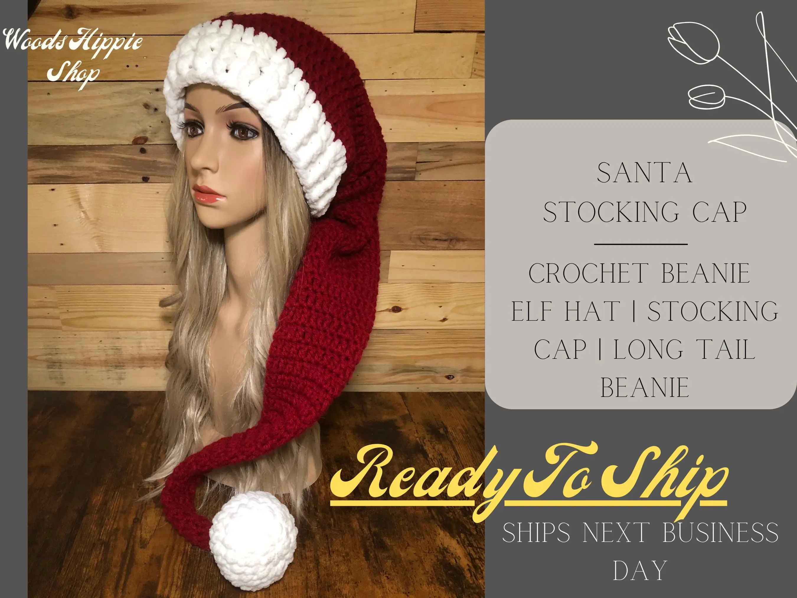 Santa Hat Stocking Cap | Crochet Elf Hat | Long Tail Beanie | Hand Knit Holiday Hat | Christmas Beanie for Adults & Kids | Winter Gift