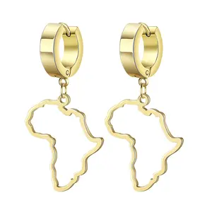 African Earrings for Women - Gold Tone Stainless Steel Large Hoop Earrings Hypoallergenic Lightweight Drop Earrings Unisex Africa Map Huggie Hoops for Travel Lovers and Culture Enthusiasts