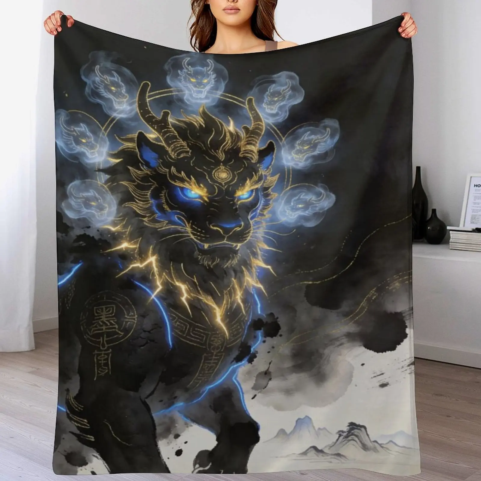 Chinese Mythical Qilin Blanket, Black Gold Kirin Throw Blanket, Ink Wash Style Cozy Fleece Blanket, Eastern Fantasy Home Decor, Dragon Bedding