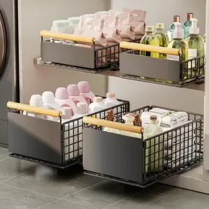 Adjustable Metal Pull Out Kitchen Cabinet Organizer, 2 Layer Stackable Storage Rack, Punch Free Storage Rack for Sink, Home Organizer, Bathroom Organizing Accessories, Bathroom Organizer Supplies