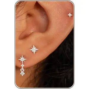 2/3 Pairs Earring Stacks, 14K Gold/White Gold Plated Earring Set for Multiple Piercing Hypoallergenic Jewelry Gift