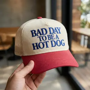 Funny Vintage Trucker  for Men & Women, “Bad Day to Be a Hot Dog” Embroidered Baseball Cap, Mesh Snapback for Casual Wear, Outdoor Travel, Summer Street Style, maga burns， musselburgh hat，cap.