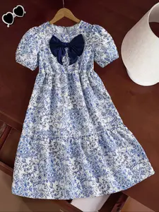 Girl's Floral Print Bow Decor Ruffle Trim Sweater Dress, Casual Long Sleeve Round Neck Knit Dress for Daily Wear, Kids Clothing for Fall & Winter